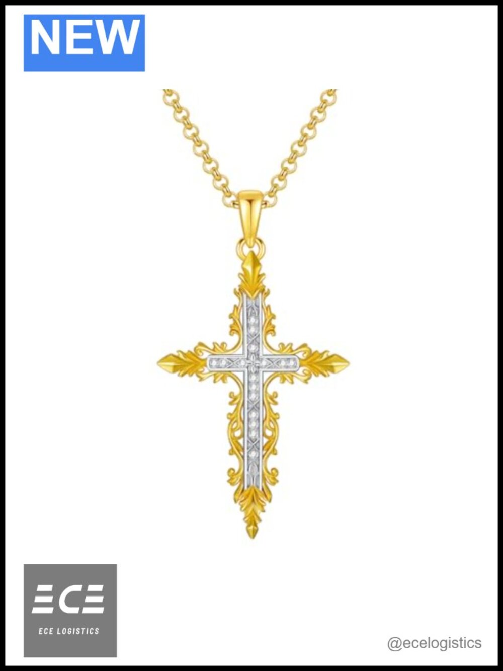 Baroque Cross Necklace 14K Yellow Gold Plated Sterling Silver CZ Pendant
